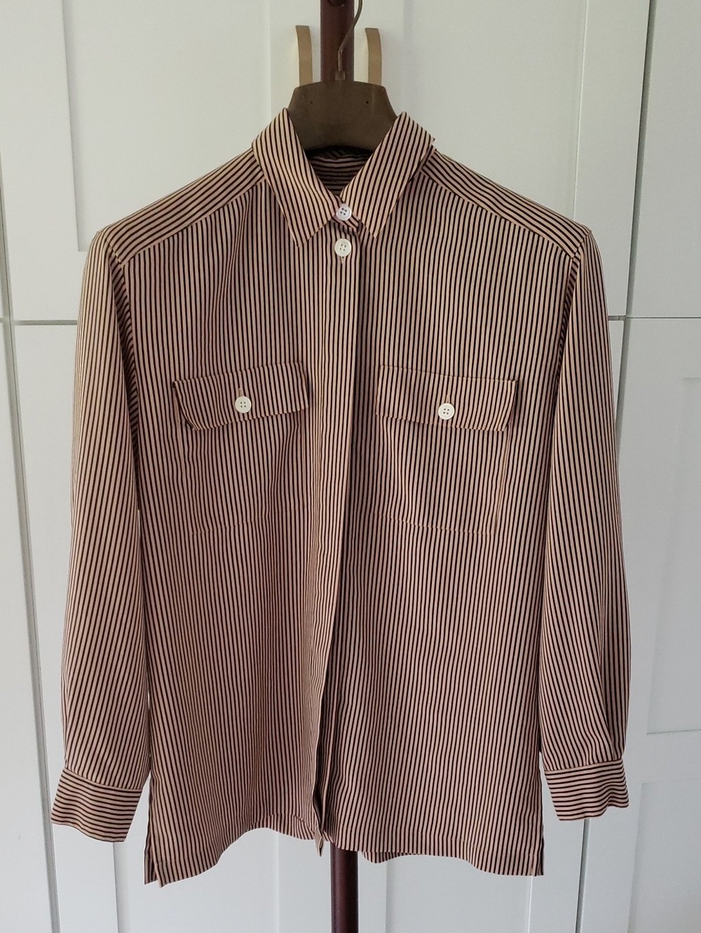 Chaus Petite Pink and Black Striped Shirt